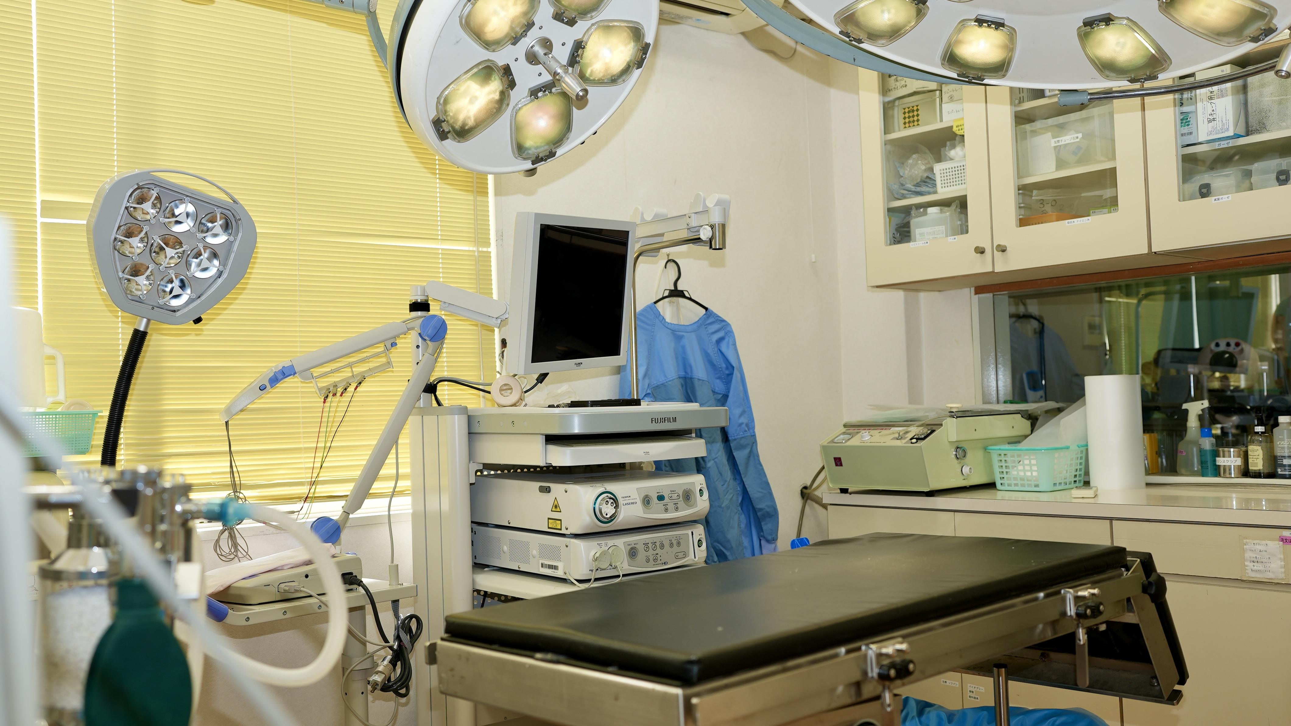手術室。避妊去勢手術の他、腫瘍関連の手術が頻繁に実施されています。